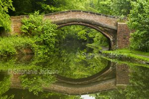 Arched brick bridge reflected in the tranquil waters of a canal in England.