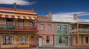 Row of colourful terrace houses in city of Goulburn in NSW Australia