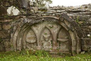 Decorative wall at ruins of Ardchattan priory in Scotland.