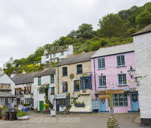 Shops and houses in the Cornish village of Polperro, Cornwall, England.