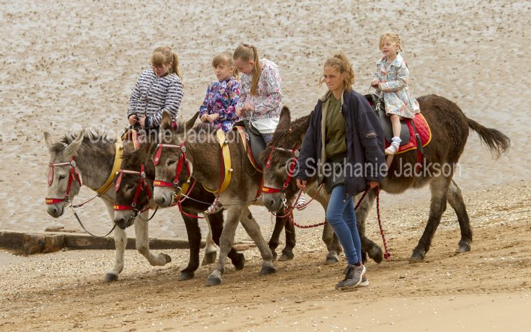 Children riding donkeys on the beach at Whitby in Yorkshire, England.