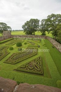Garden with yew hedges in geometric design at Edzell castle in Scotland.
