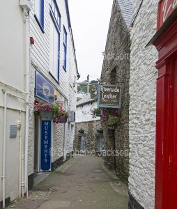 Narrow street in the town of Looe in Cornwall, England.