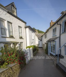 Narrow street and houses / cottages in the village of Port Isaac in Cornwall, England.