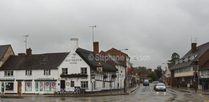 Panoramic view of Historic pub, the Old Thatch Tavern, and street scene at Stratford-upon-Avon on a rainy winter's day, in Warwickshire, England. the birthpace of William Shakespeare