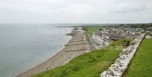 The Welsh town of Criccieth and its beach viewed from the nearby castle.