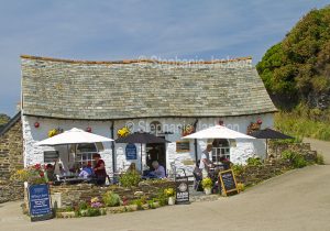 The Harbour Light Tea Garden, a popular tea room beside the harbour at the village of Boscastle in Cornwall, England.