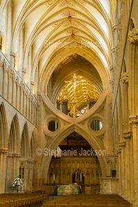 The unique interior design and spectacular architecture of the historic Wells cathedral has made this beautiful building a popular tourist attraction in the city of Wells in Somerset, England.