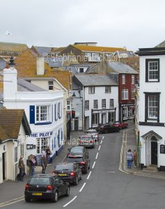 Traffic congestion in the coastal town of Lyme Regis in West Dorset, England.
