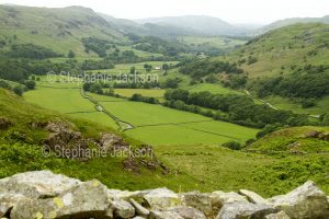Agriculture, countryside, rural landscape, View of farmlands / farm fields from the summit of Hardknott Pass, the steepest road in England, in the Lake District, Cumbria.