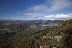 View of jagged ranges, forests and valley from high lookout in Grampians National Park in Victoria Australia